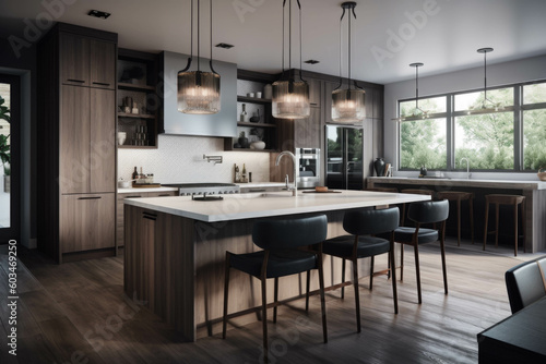A contemporary and open-concept kitchen and dining area with a large center island  barstools  and pendant lights for a social and functional space. Generative AI