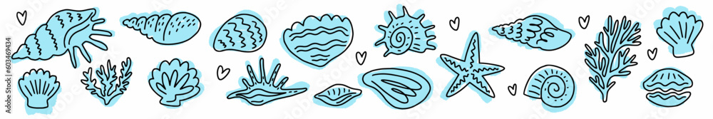 Vector horizontal pattern of seashells hand-drawn in doodle style