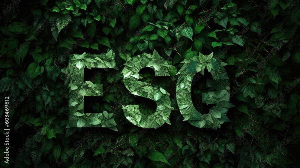 Die Buchstaben ESG aus grünen Blättern. Stehend für Environmental, Social and Governance- ein Regelwerk zur Bewertung für nachhaltige, ethische Praxis in Unternehmen. (Generative AI) - obrazy, fototapety, plakaty 