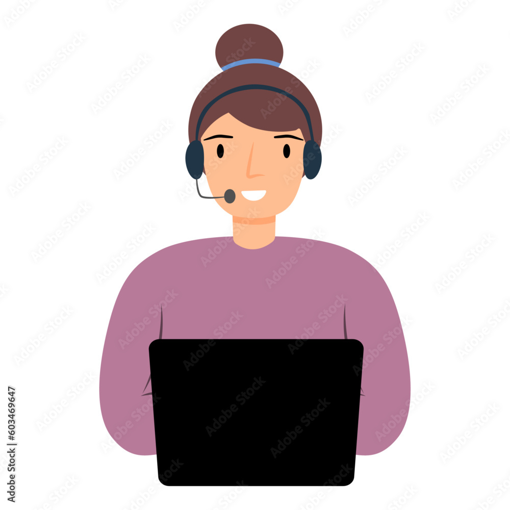 The girl answers the call, the operator of the contact center is at the computer