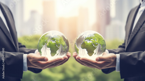Geschäftsmänner halten eine Weltkugel mit Naturgrün, symbolisch für Environmental, Social and Governance (ESG) - Regelwerk zur Bewertung für nachhaltig, ethische Praxis in Unternehmen.(Generative AI)