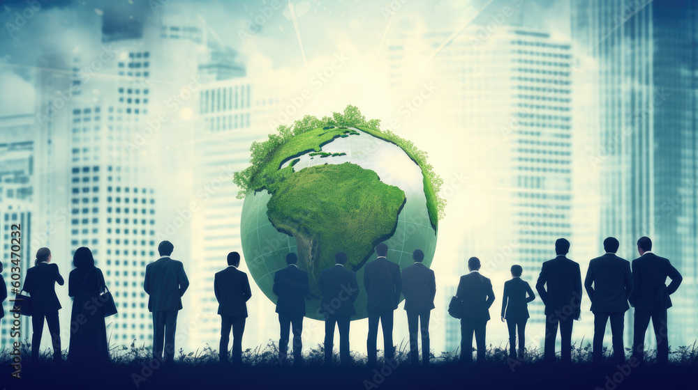 Geschäftsleute und eine Weltkugel mit Naturgrün, symbolisch für Environmental, Social and Governance (ESG) - Regelwerk zur Bewertung für nachhaltig, ethische Praxis in Unternehmen.(Generative AI) - obrazy, fototapety, plakaty 