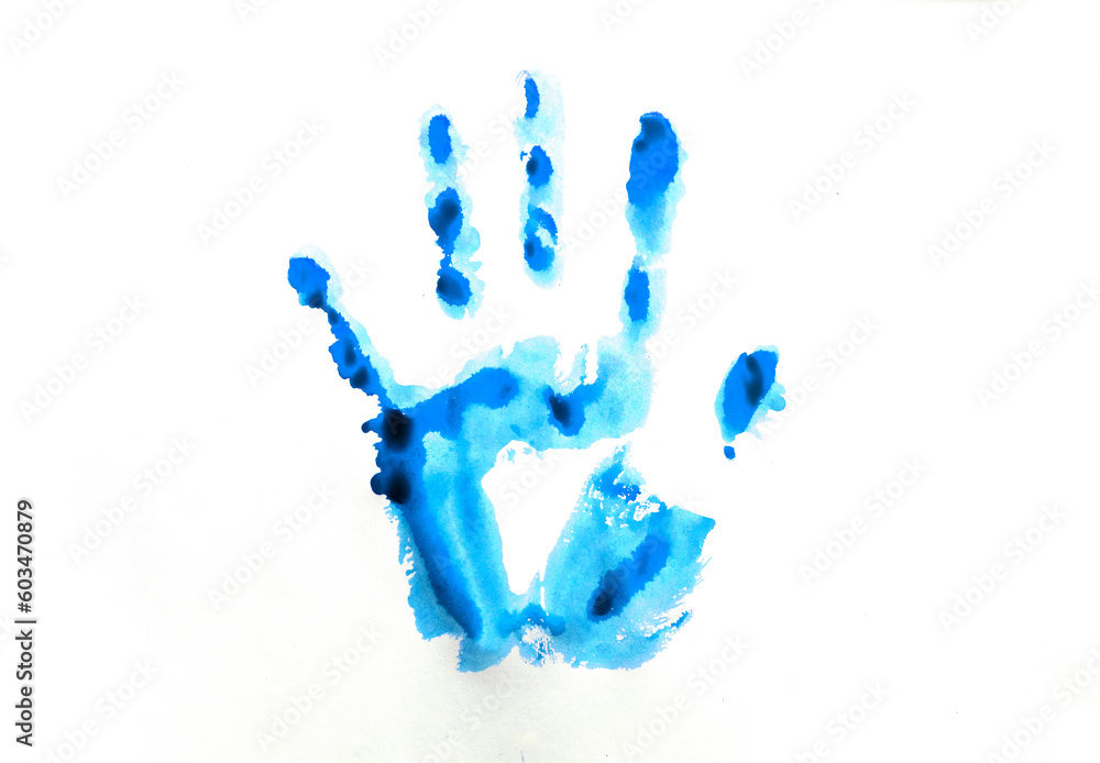 blauer Handabdruck auf weißem Hintergrund blauer Handabdruck auf weißem Hintergrund