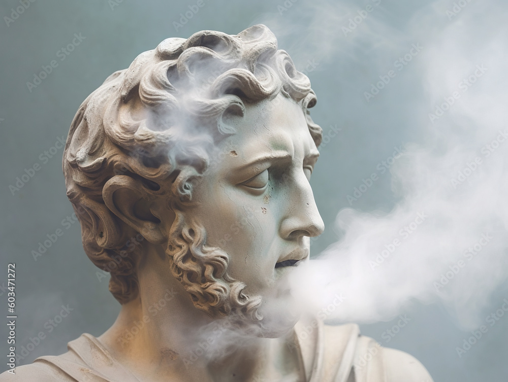 Antique sculpture of smoking man on sky background. AI generated image.