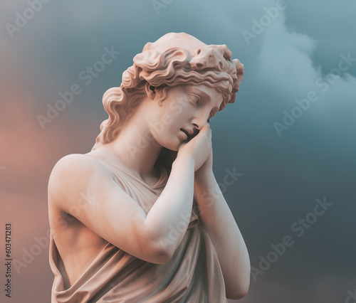 Antique sculpture of mourning woman on sky background. AI generated image.