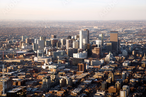 Aerial view of the Denver Colorado cityscape on a hazy day. Horizontal shot.