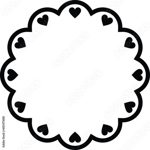 Scalloped frame circle with hearts. Scalloped edge round shape. Simple label sticker form . Vector illustration