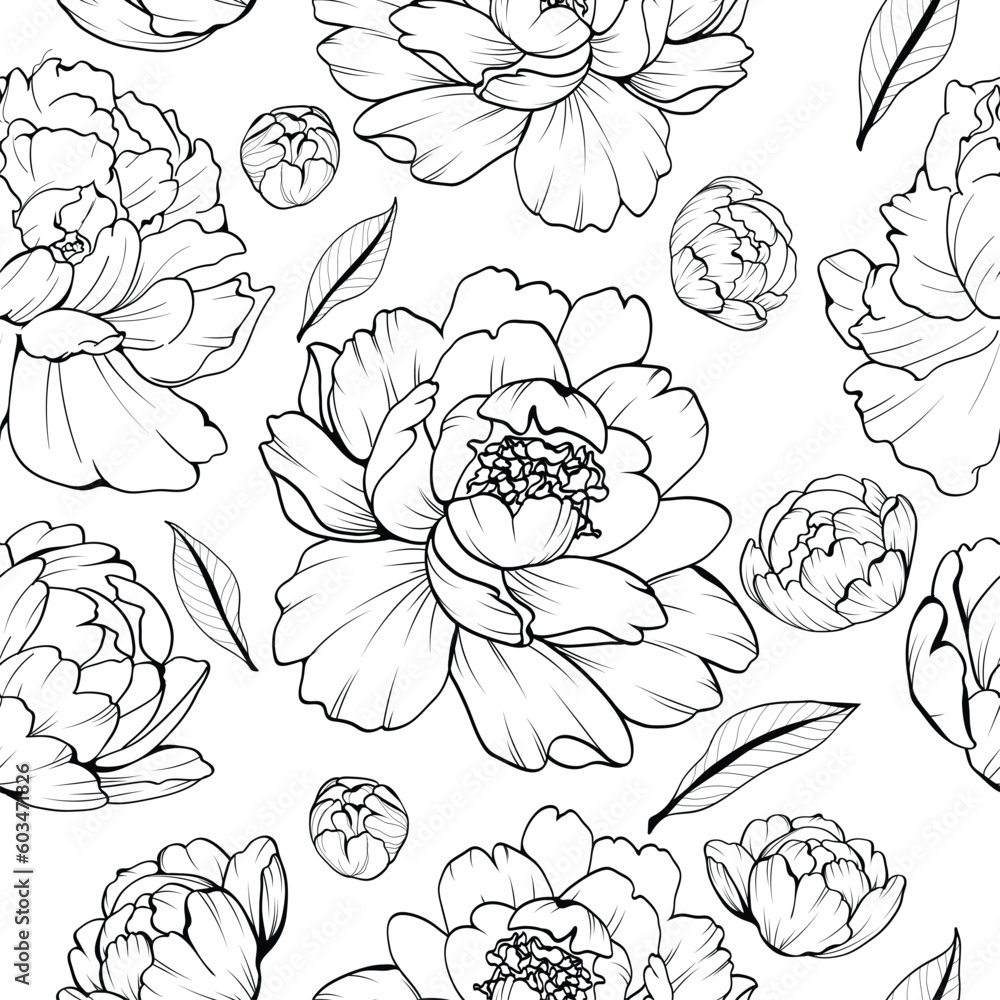 Seamless pattern with flowers. Hand drawn beautiful peonies on white background. A delicate pattern for your posters or advertisements. Seamless pattern with flowers. Hand drawn beautiful peonies on white background. A delicate pattern for your posters or advertisements.