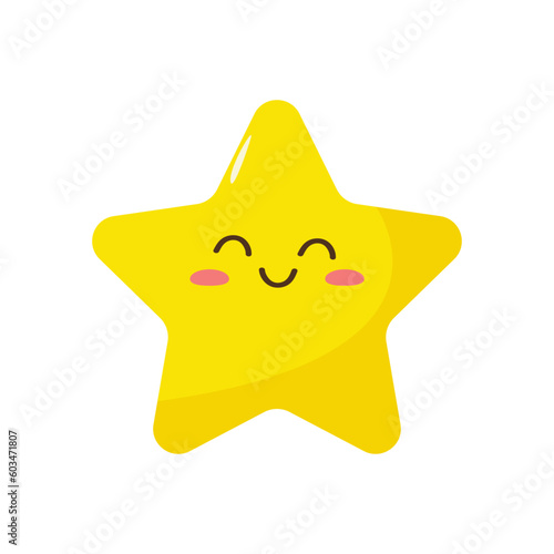 Smiling funny Kawaii star. Yellow Kawaii star emoji. Isolated on a white background. Vector illustration in flat cartoon style.