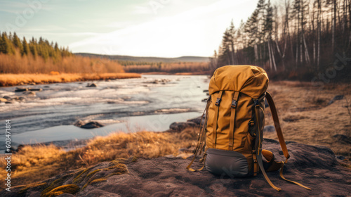 Touristic backpack in wilderness scenery with river in the background