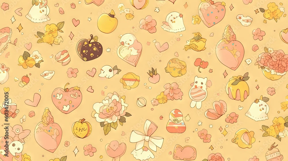 a yellow background with hearts, flowers, and other things on it, including a teddy bear, a heart, a bow, and a cupcake. generative ai a yellow background with hearts, flowers, and other things on it, including a teddy bear, a heart, a bow, and a cupcake. generative ai