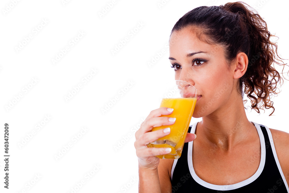 fitness girl drinking fresh juice on white isolated background fitness girl drinking fresh juice on white isolated background