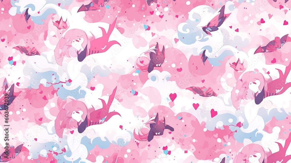  a pink and blue pattern with hearts and birds on it's side and a pink background with hearts and birds on it's side.  generative ai