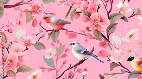  a pink floral wallpaper with birds and flowers on a branch with leaves and flowers on the branch, and a pink background with pink flowers and green leaves.  generative ai © Nadia