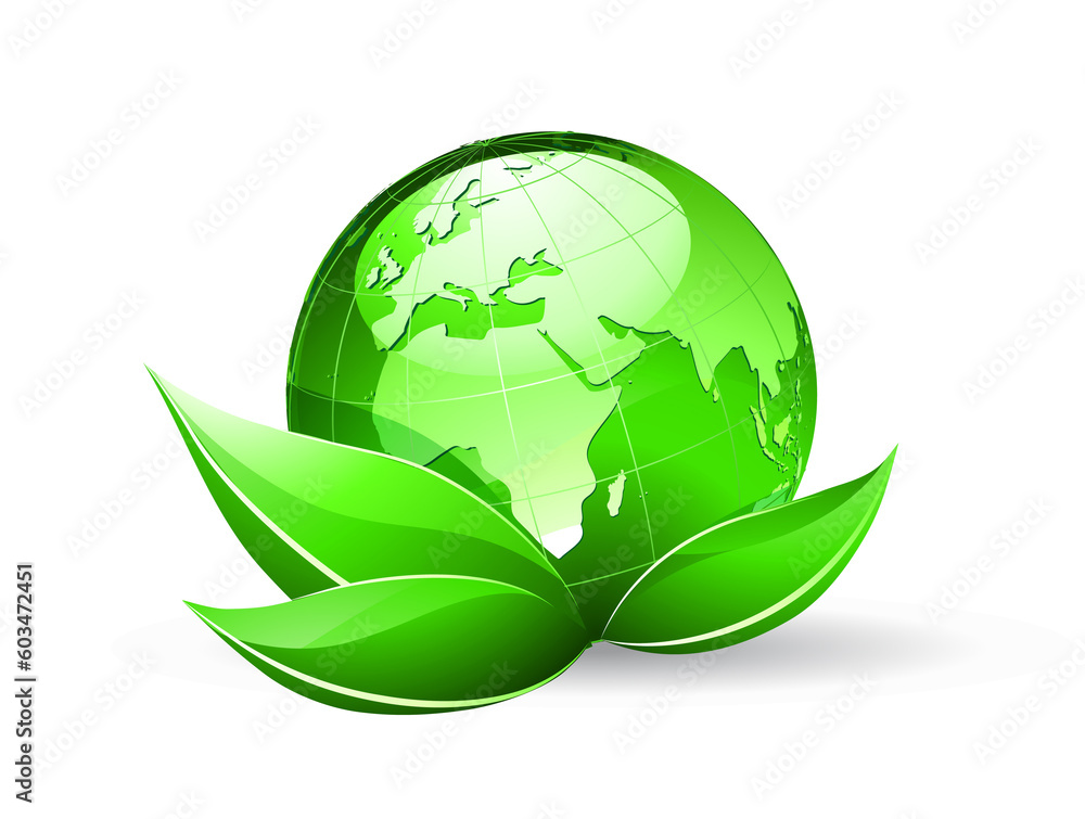 Vector illustration of Glossy Earth Map Globe with funky green leaves Vector illustration of Glossy Earth Map Globe with funky green leaves