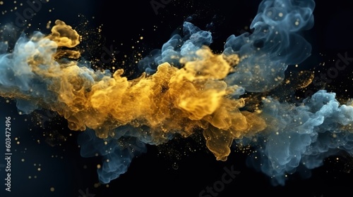 Glitter mist. Ink water. Fluid splash. Metallic golden silver blue color shimmering glowing dust particles vapor cloud floating on dark black abstract background