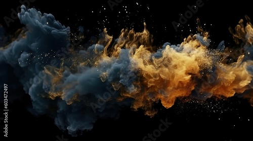 Glitter mist. Ink water. Fluid splash. Metallic golden silver blue color shimmering glowing dust particles vapor cloud floating on dark black abstract background