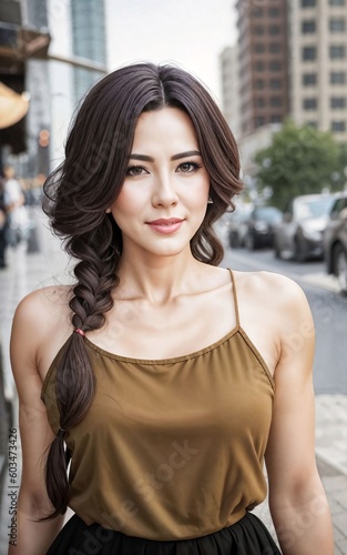 beautiful woman posting for a picture at apartment balcony , generative AI