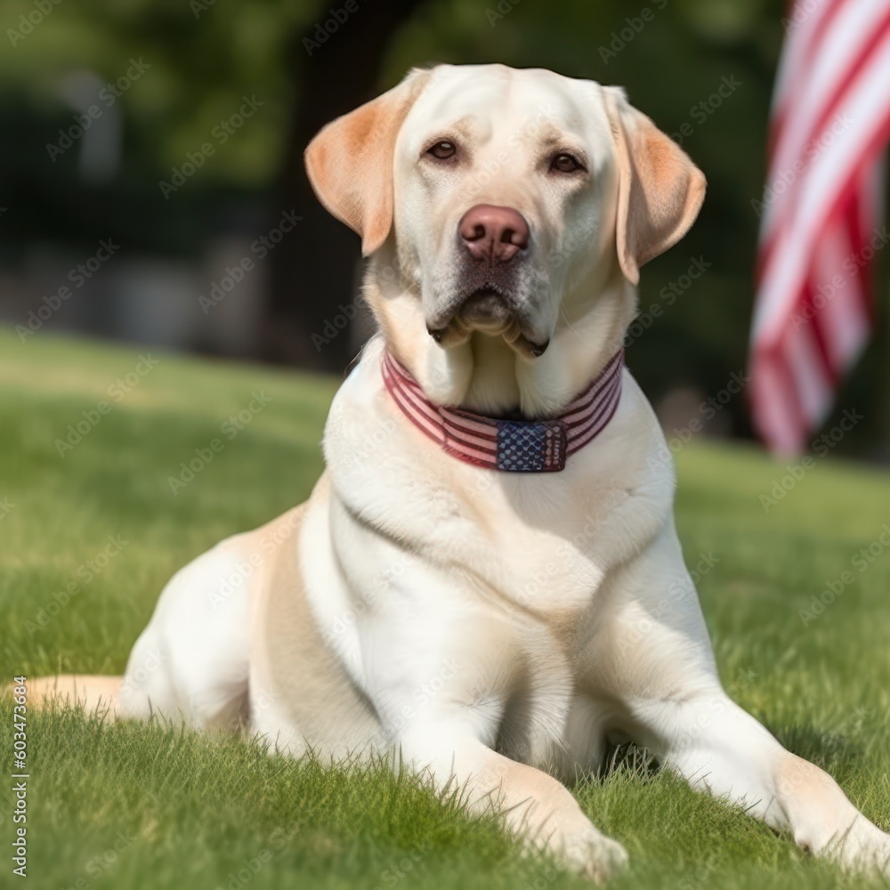 Cute golden retriever dog in a clearing with the USA flag. memorial day celebration. Generative AI
