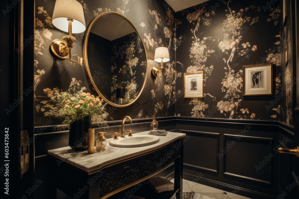 A chic and glamorous powder room with a statement wallpaper, a decorative vanity, and gold accents for a touch of luxury. Generative AI