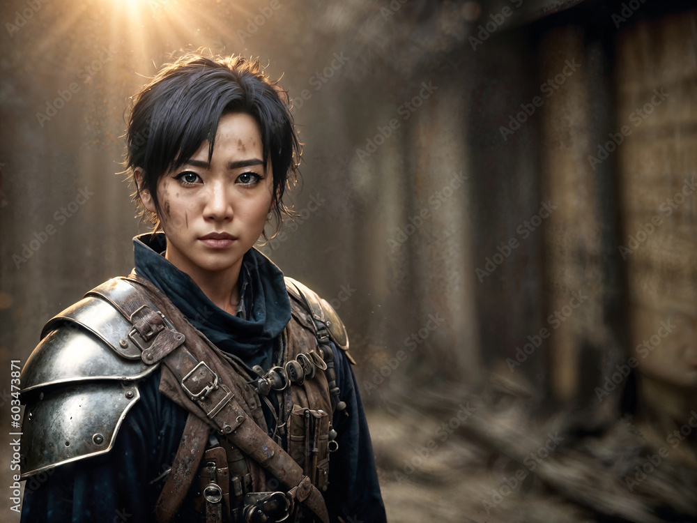 Naklejka premium portrait of Post-Apocalyptic Wasteland Warriors in armor suit, generative AI