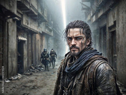 portrait of Post-Apocalyptic Wasteland Warriors in armor suit, generative AI