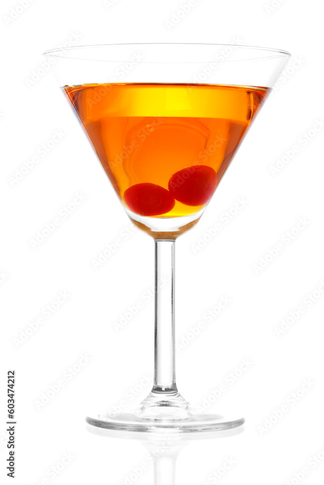Stock image of Manhattan cocktail on martini glass with Maraschino Cherries over white background Stock image of Manhattan cocktail on martini glass with Maraschino Cherries over white background