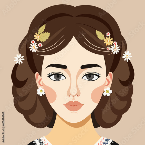 Minimalistic Illustration of a girl with brown hair and flowers in the hair
