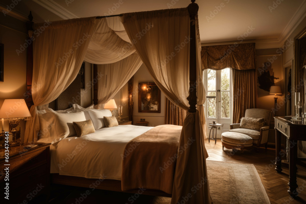 An elegant bedroom with a luxurious four-poster bed, adorned with plush bedding and draped curtains, creating a cozy and romantic atmosphere. Generative AI An elegant bedroom with a luxurious four-poster bed, adorned with plush bedding and draped curtains, creating a cozy and romantic atmosphere. Generative AI
