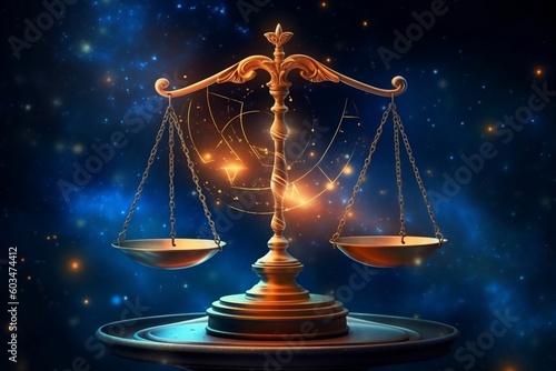 Libra Zodiac Sign Enchanting Scales, Celestial Light, and Stellar Space. AI