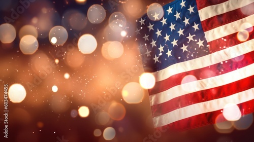 American flag and bokeh background with copy space for American holiday. Generative AI 