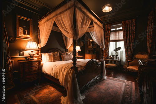 An elegant bedroom with a luxurious four-poster bed, adorned with plush bedding and draped curtains, creating a cozy and romantic atmosphere. Generative AI © Ivy