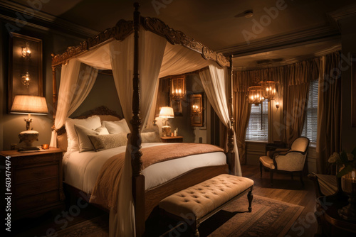 An elegant bedroom with a luxurious four-poster bed, adorned with plush bedding and draped curtains, creating a cozy and romantic atmosphere. Generative AI © Ivy
