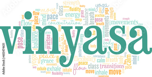 Vinyasa Yoga word cloud conceptual design isolated on white background.