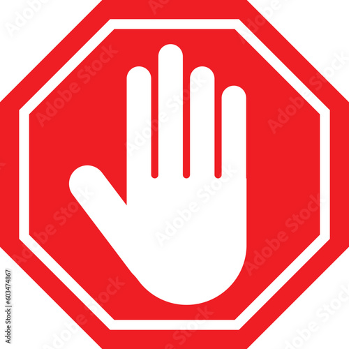 Red stop roadsign with hand icon vector illustration . Stop sign. Red forbidding sign with human hand in octagon shape