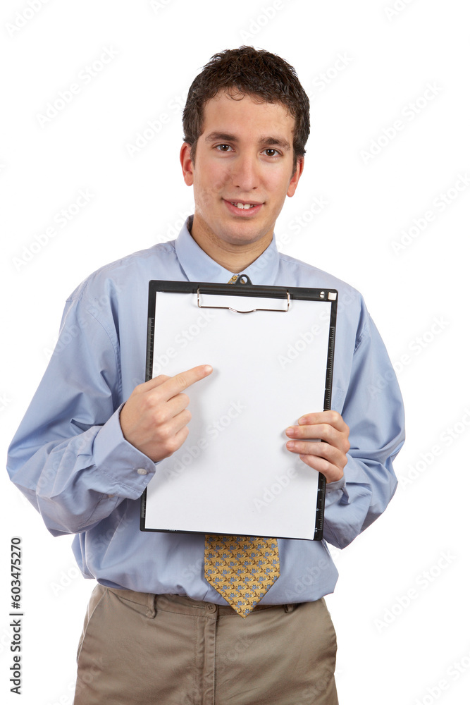 Smiling businessman showing a blank clipboard, over a white background. Eyes on focus Smiling businessman showing a blank clipboard, over a white background. Eyes on focus