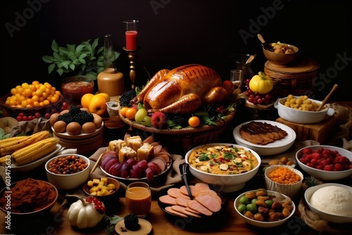 Bountiful Thanksgiving Feast on Table. AI