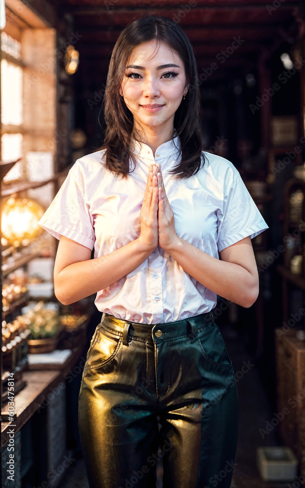 asian woman do sawasdee or prayer pose at the market, generative AI