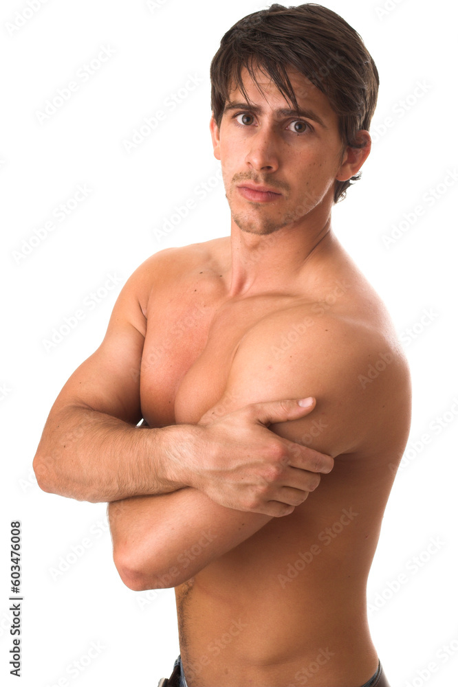 portrait of young man standing with no shirt on over white background portrait of young man standing with no shirt on over white background