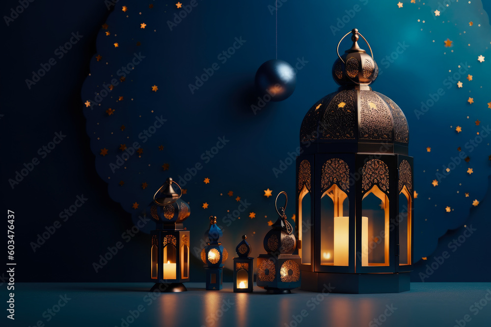 Fototapeta premium Backgrounds with ornamental arabic lanterns, generative ai