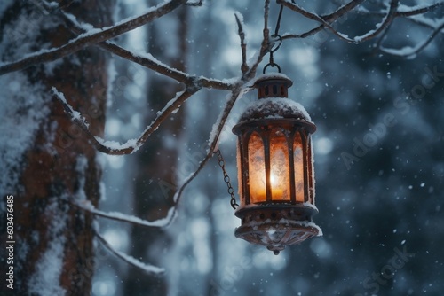 Enchanting Winter Forest Lantern Hanging from Tree. Generative AI