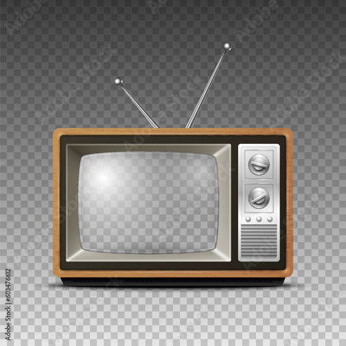 Vector Retro Wooden TV Receiver with Transparent Screen Closeup Isolated. Home Interior Design Concept. Wooden TV Frame, Border, Television, TV Set in Front View