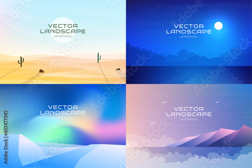 Vector illustration. Flat triangle landscapes. Colorful backgrounds set. Desert, misty night, northern mountains, sunset evening scene. Design for web banner, website template. Polygonal shapes
