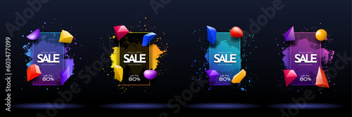 Vector illustrations. Dynamic abstract colorful frames set. Gradient brush strokes. 3d geometric shapes. Paint splash. Design elements for web banners, posters, covers, magazines, discount cards
