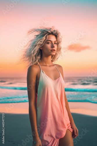 Portrait of a beautiful young girl enjoying a hot sunny day, summer day on the beach. Hot sand on the seashore. Generative AI.