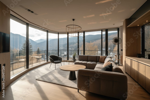 modern cozy bright apartment with large panoramic windows overlooking the mountains  Generative AI