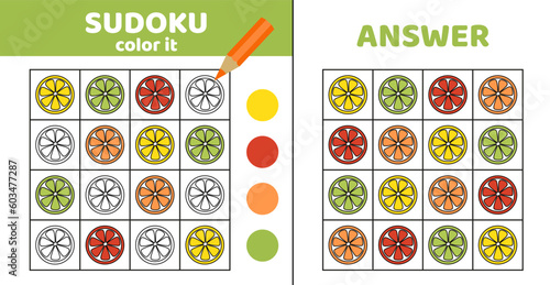 Fototapeta Naklejka Na Ścianę i Meble -  Sudoku. Orange, lemon, lime. Coloring sudoku with citrus Cartoon