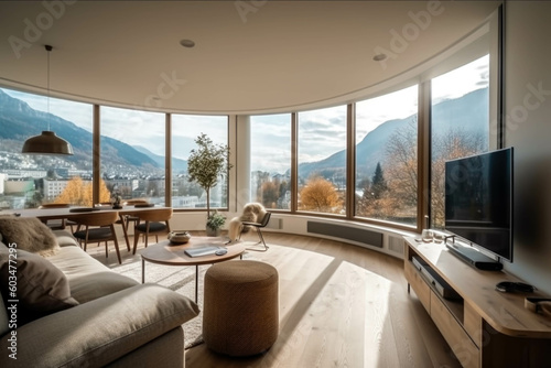 modern cozy bright apartment with large panoramic windows overlooking the mountains  Generative AI