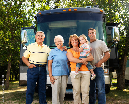 Portrait of three generation Caucasian family standing in front of recreational vehicle smiling and looking at viewer.