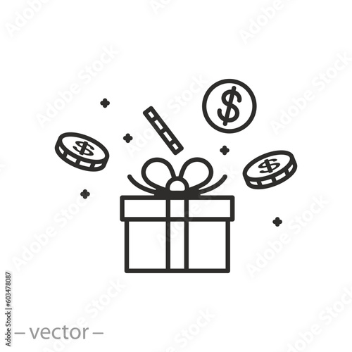 cash bonus icon, bonus money, loyalty program concept, thin line symbol - editable stroke vector illustration